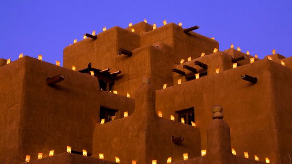 Farolitos light the Inn and Spa at Loretto in Santa Fe, New Mexico