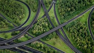 Aerial view of highway interchange, North Rhine-Westphalia, Germany (© Markus Hanke/Gallery Stock)(Bing New Zealand)