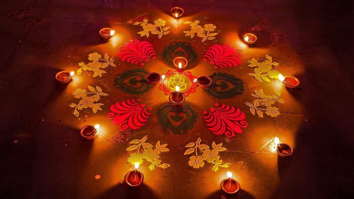 Rangoli and lamps during Diwali festival in India