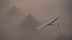 Solar Impulse 2 flying over the pyramids in Giza, Egypt (© Jean Revillard/Solar Impulse2 via Getty Images)(Bing United States)