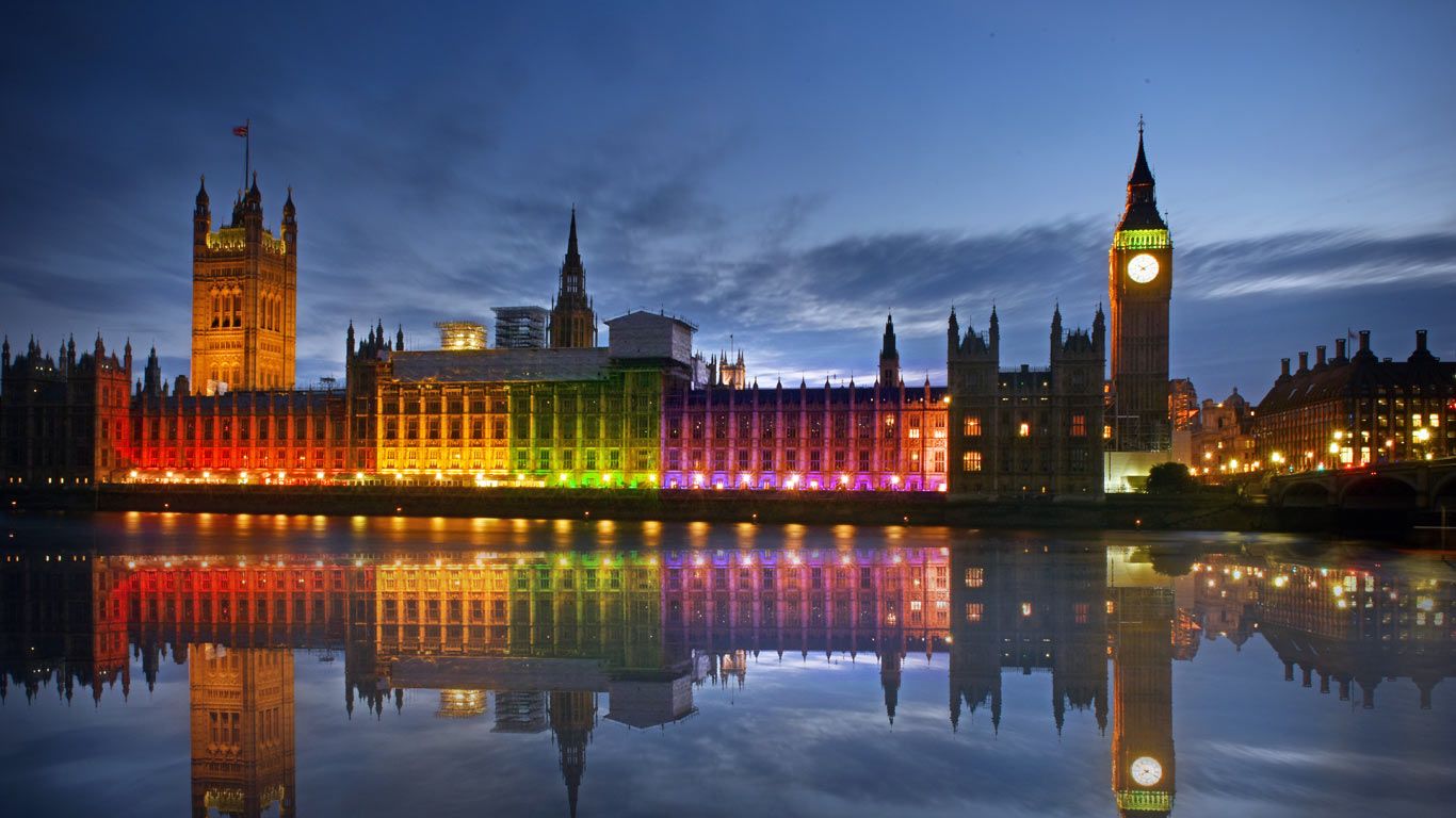 The Palace of Westminster illuminated in rainbow colours for Pride in London in 2017