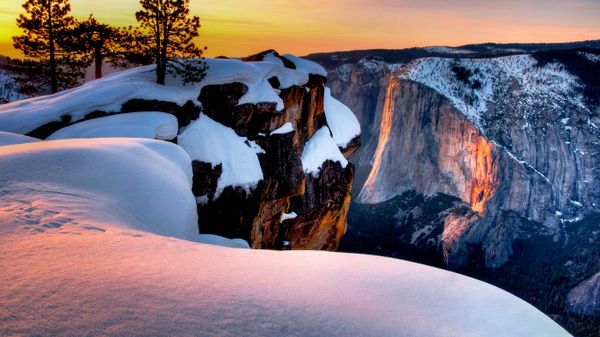 Horsetail Fall at sunset seen from Taft Point, Yosemite National Park, California