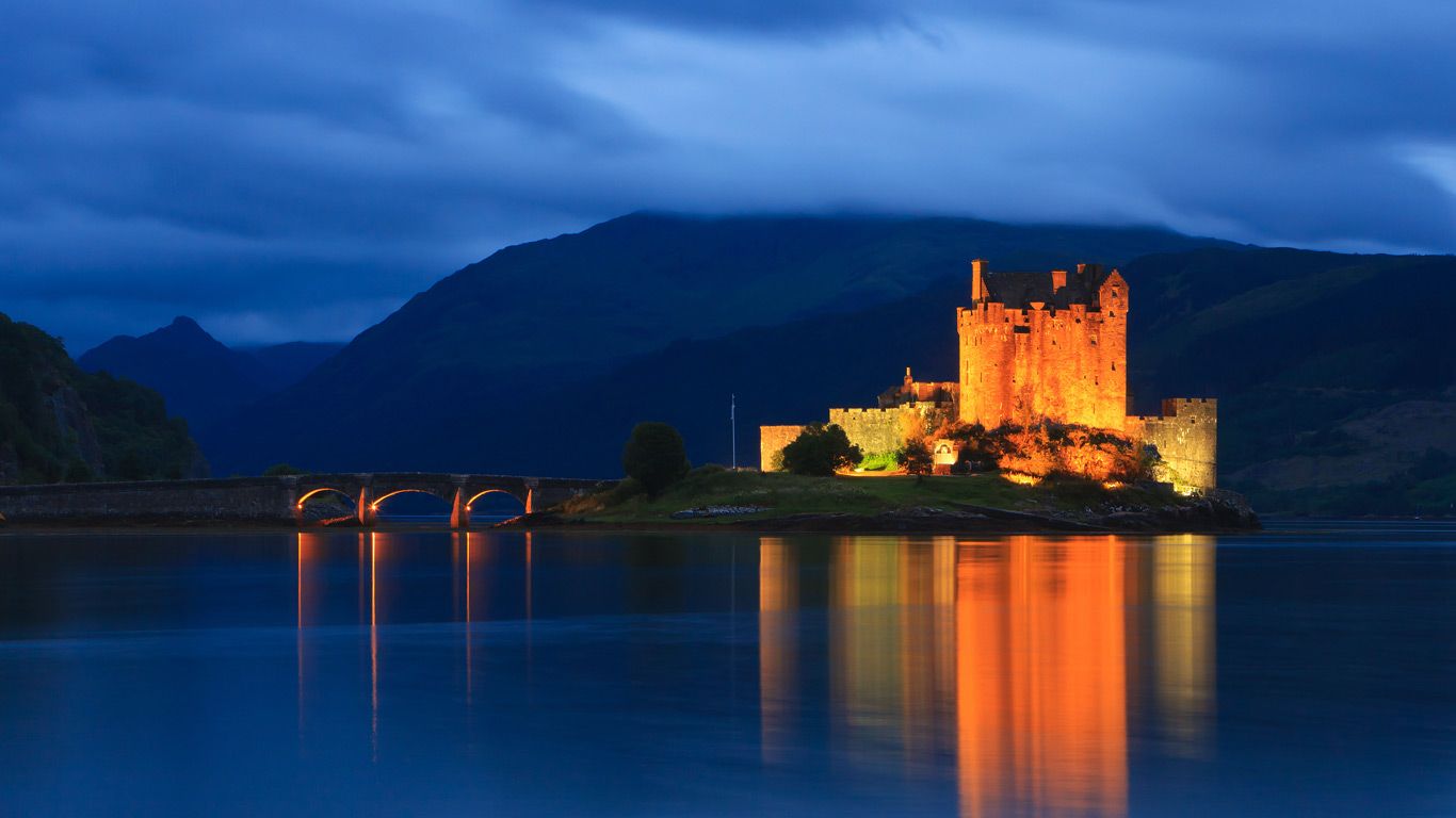 Eilean Donan Castle at the blue hour after sunset, Scotland