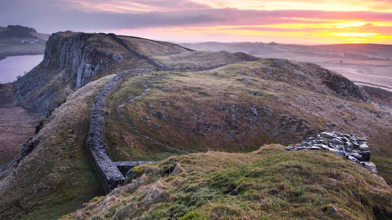 Sunrise over Hadrian's Wall at Steel Rigg in Northumberland, England