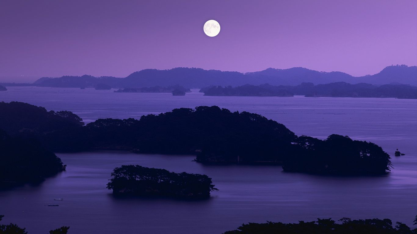 Matsushima Bay at night with full moon, Matsushima town, Miyagi prefecture, Japan