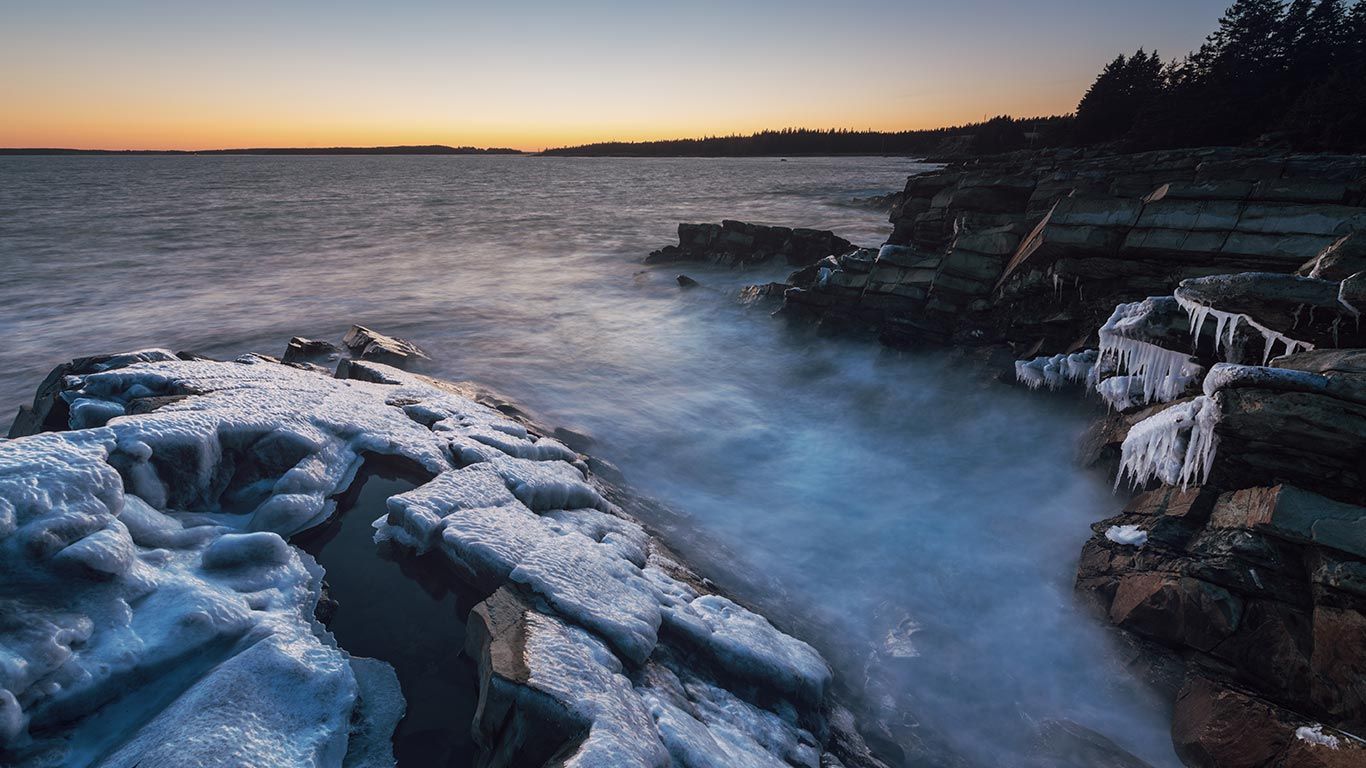 Thick ice clings to the Atlantic coast of Nova Scotia, Canada