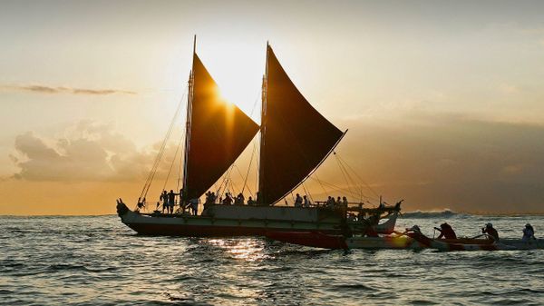 The Hōkūle\'a, a traditional Hawaiian voyaging canoe, departs for a 3-year voyage from Honolulu, Hawaii, on May 17, 2014