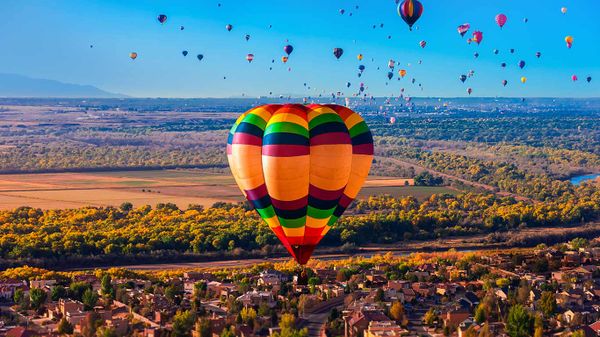 Hot air balloons flying during the Albuquerque International Balloon Fiesta, New Mexico