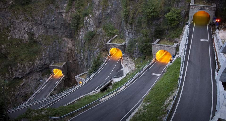 Hairpin bends in the tunnels climbing toward San Boldo pass, Treviso district, Veneto, Italy