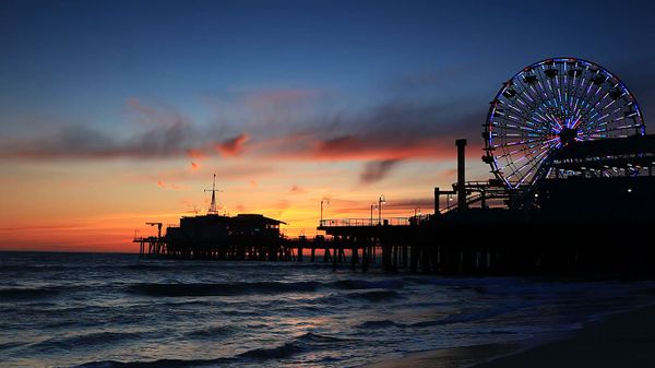 Pacific Park’s Ferris wheel on Santa Monica Pier, California, USA
