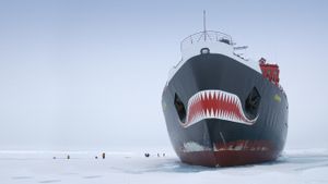 俄罗斯核动力破冰船亚马尔号停泊在地理北极的冰面上 (© Marketa Jirouskova/ Oxford Scientific/Getty Images)(Bing China)