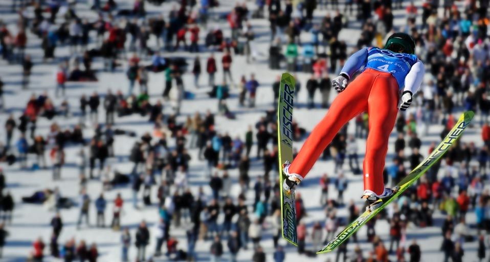 Russia's Dimitry Ipatov jumps in the Men's Team Ski Jumping round 1 at the the Vancouver Winter Olympics on February 22, 2010