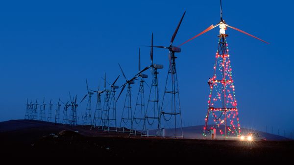 Christmas lights display on a California wind farm, USA