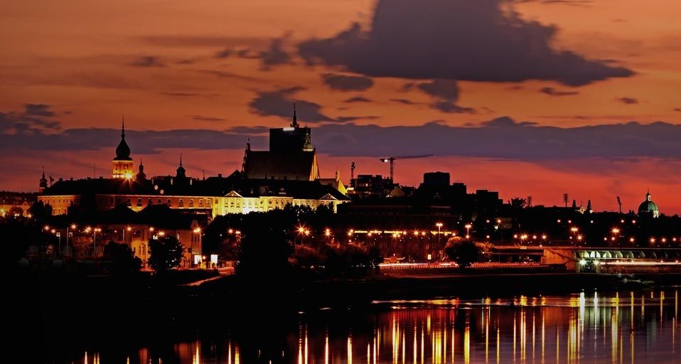Skyline of old town Warsaw, Poland at sunset
