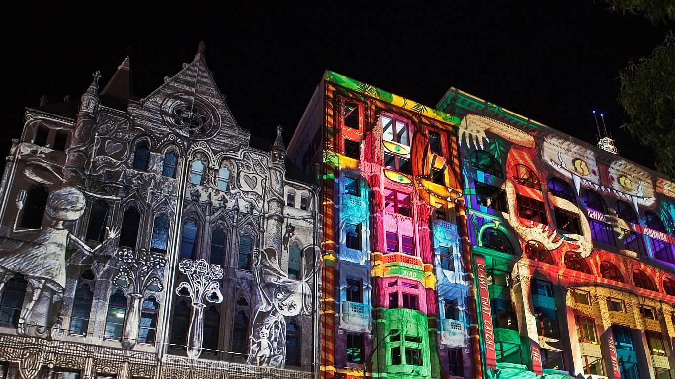 Buildings illuminated for White Night in Melbourne, Australia