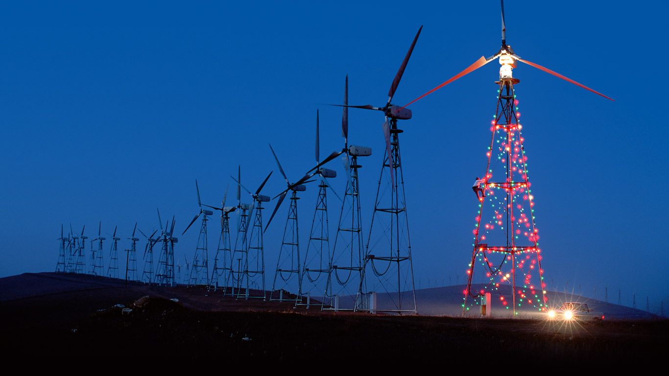Christmas lights display on a California wind farm, USA
