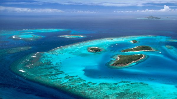Aerial view of the Tobago Cays group of islands, St. Vincent and the Grenadines