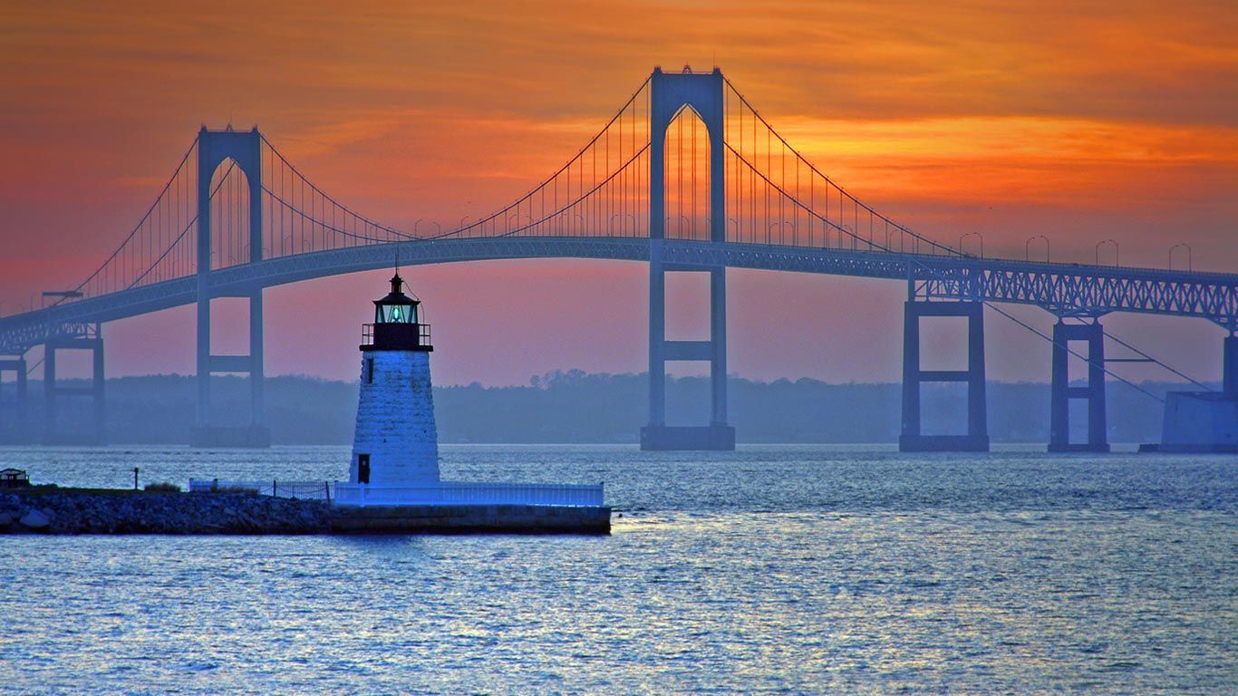 Claiborne Pell Newport Bridge and Newport Harbor Light in Newport, Rhode Island
