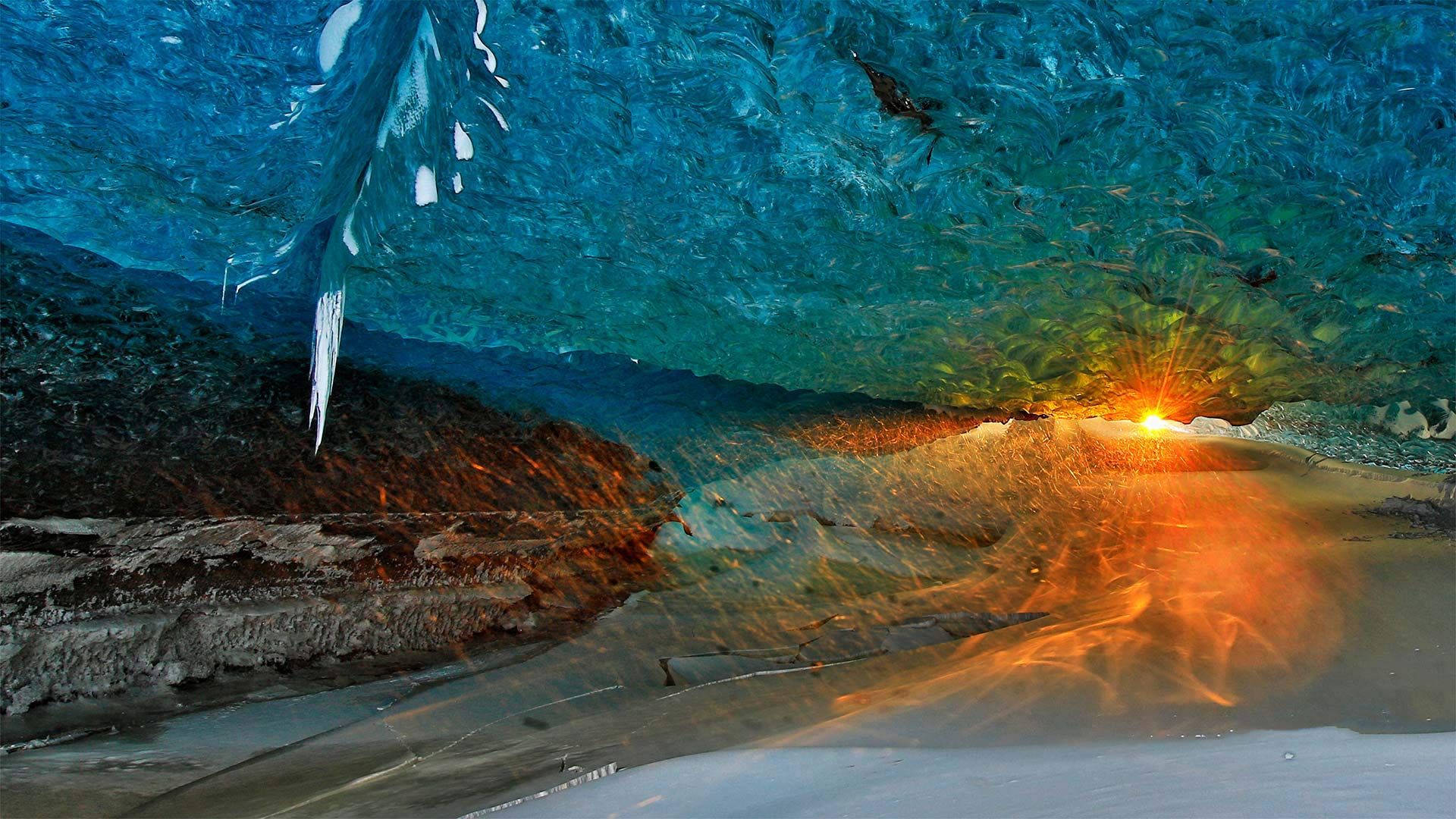 Ice cave at sunset in Vatnajökull National Park, Iceland