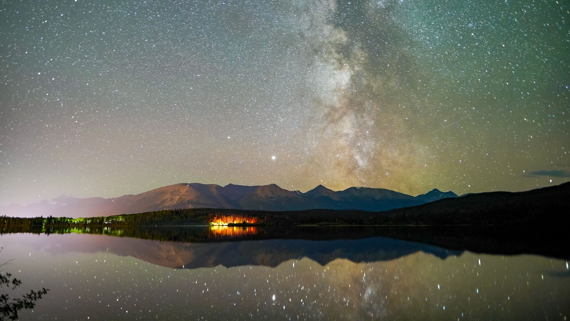 The Milky Way above Pyramid Lake, Jasper National Park, Alberta, Canada