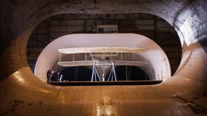 Replica of the Wright Flyer undergoing aerodynamic tests at NASA\'s Langley Research Center, Virginia (© Chuck Thomas/Science Photo Library)(Bing United States)
