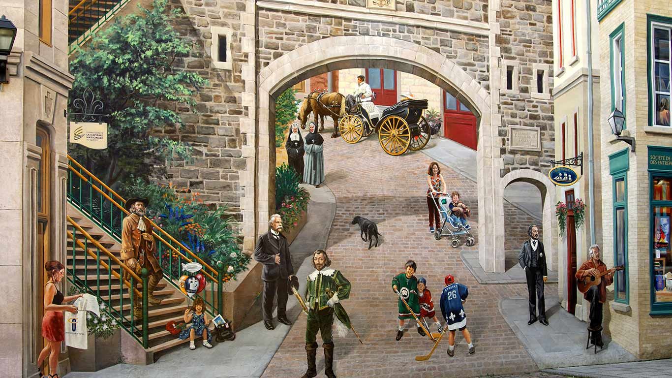 Mural painting ‘Fresque des Québécois,’ in Place-Royale, Quebec City