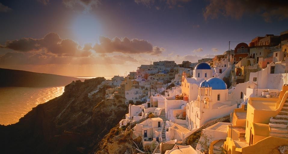 The village of Oia on the island of Santorini, Greece at sunset