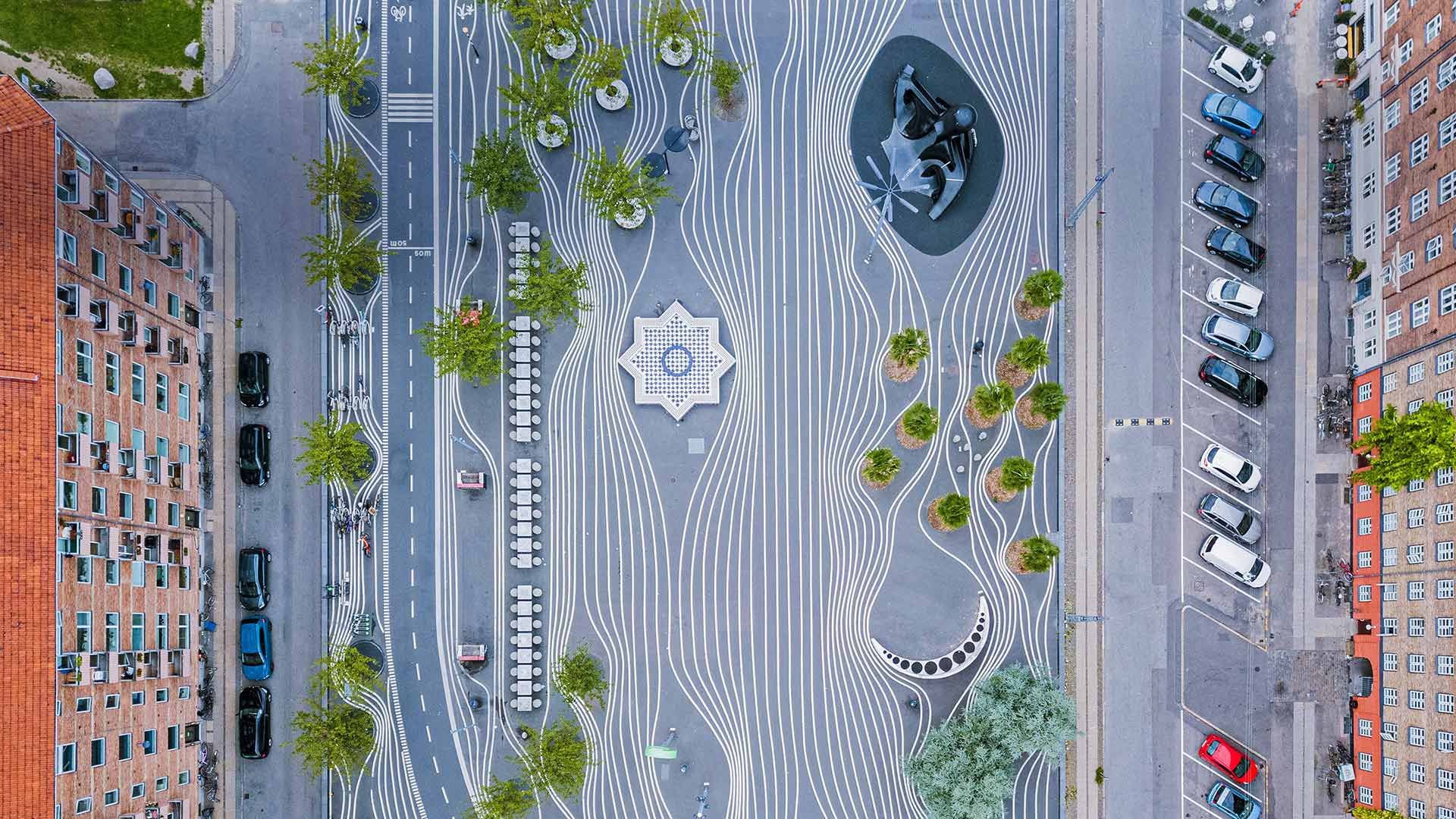 Aerial view of Superkilen Park in Norrebro district in Copenhagen, Denmark