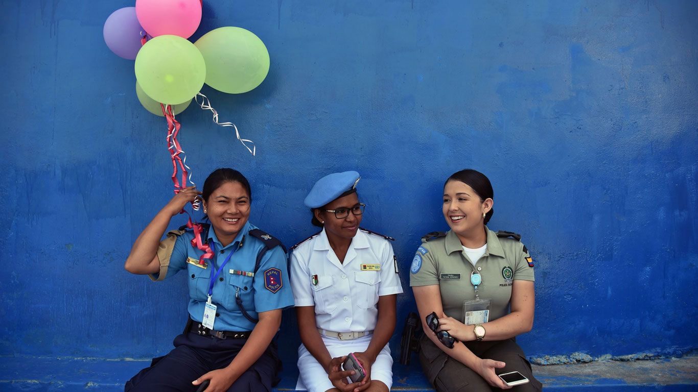 Policewomen from the United Nations Stabilization Mission in Haiti attend a ceremony to mark International Women's Day in 2016