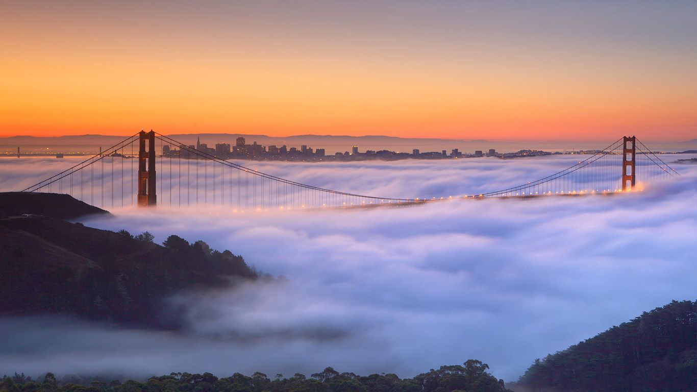 A fog-shrouded Golden Gate Bridge in San Francisco, California