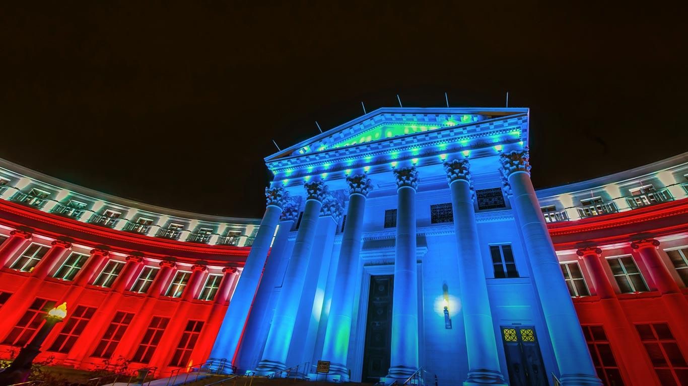 City and County Building illuminated in Civic Center Park, Denver, Colorado