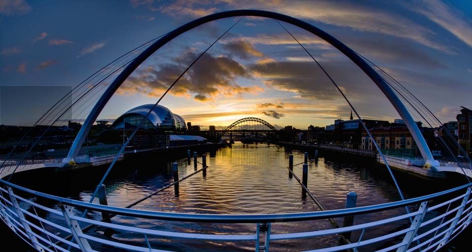 The Gateshead Millennium Bridge, Sage, Tyne Bridge and Newcastle upon Tyne river quayside, Newcastle, England