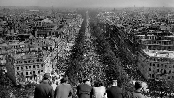 Crowds on the Champs-Élysées on 8 May 1945, Paris, France