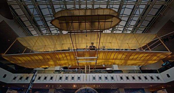 The 1903 Wright Flyer, hanging in the Milestones of Flight exhibit at the Smithsonian National Air and Space Museum in Washington DC, USA