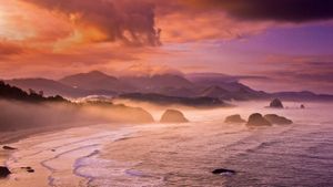 ｢キャノン・ビーチの夕暮れ｣米国オレゴン州 (© Morey Milbradt/Alamy Stock Photo)(Bing Japan)