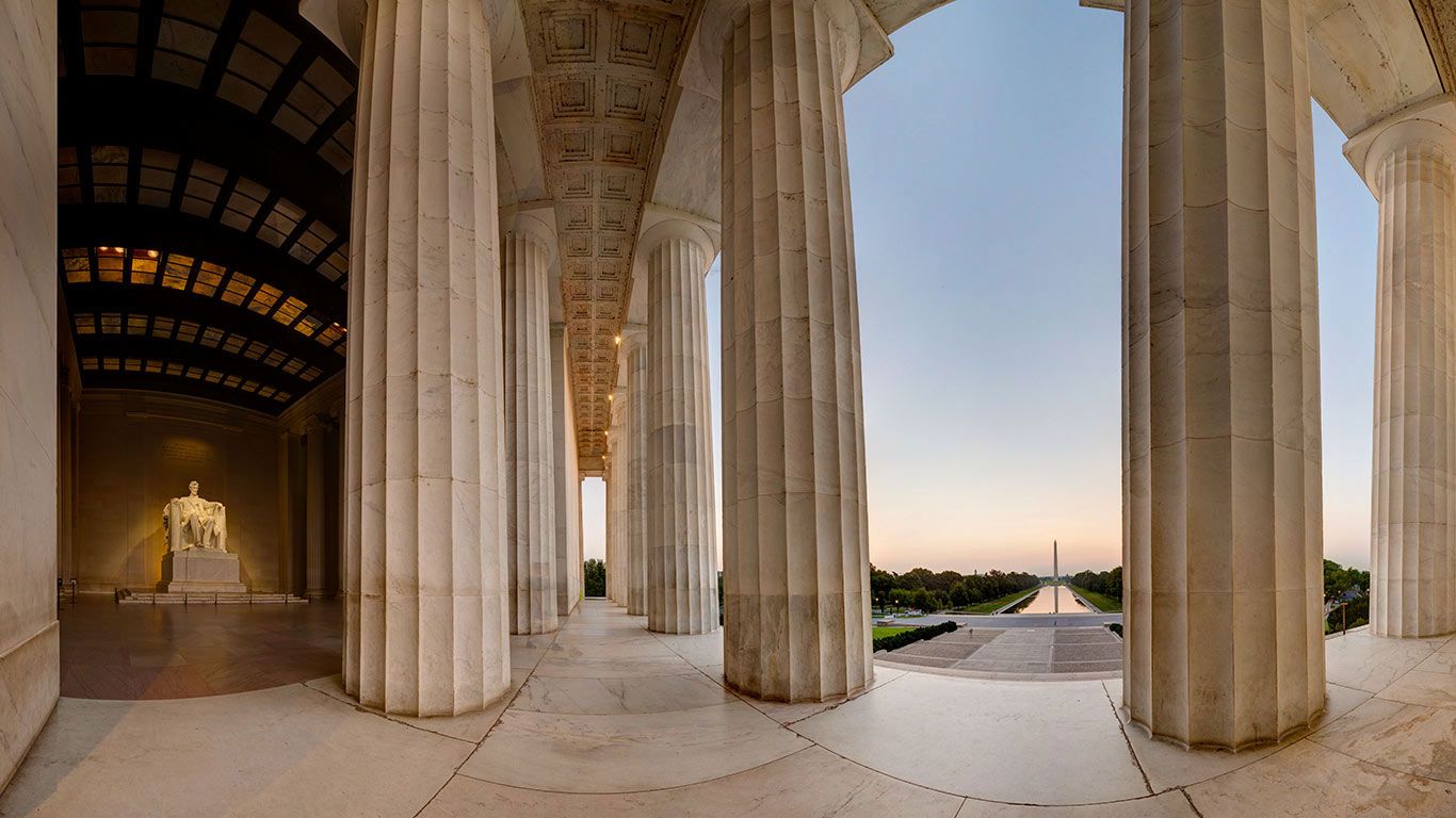 Stitched panorama of the Lincoln Memorial with a view toward the Washington Monument, Washington, DC