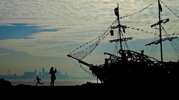 The Black Pearl driftwood ship on New Brighton beach, Wallasey, Merseyside, for Talk Like a Pirate Day