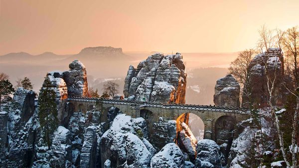 Bastei Bridge above the Elbe river in Saxon Switzerland National Park, Germany