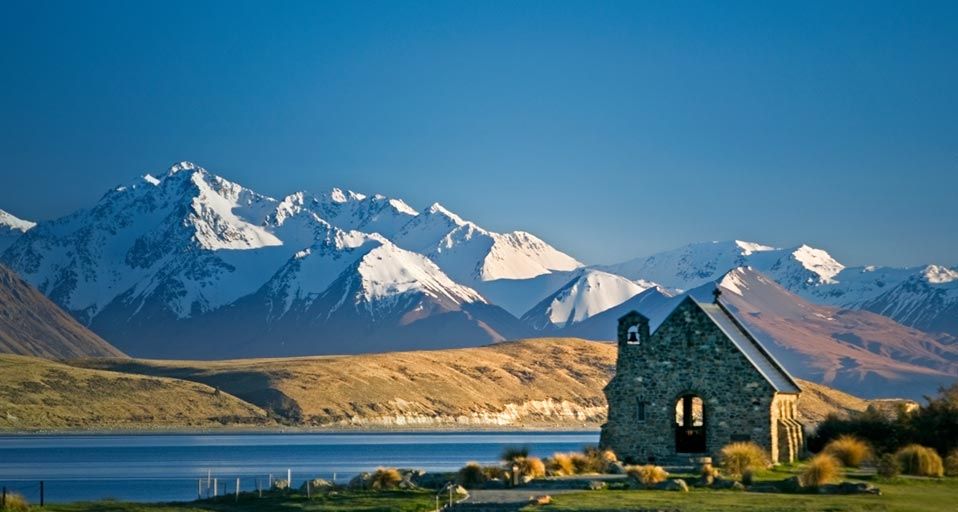 The Church of the Good Shepherd on Lake Tekapo with Mount Cook National Park in the background on the South Island of New Zealand