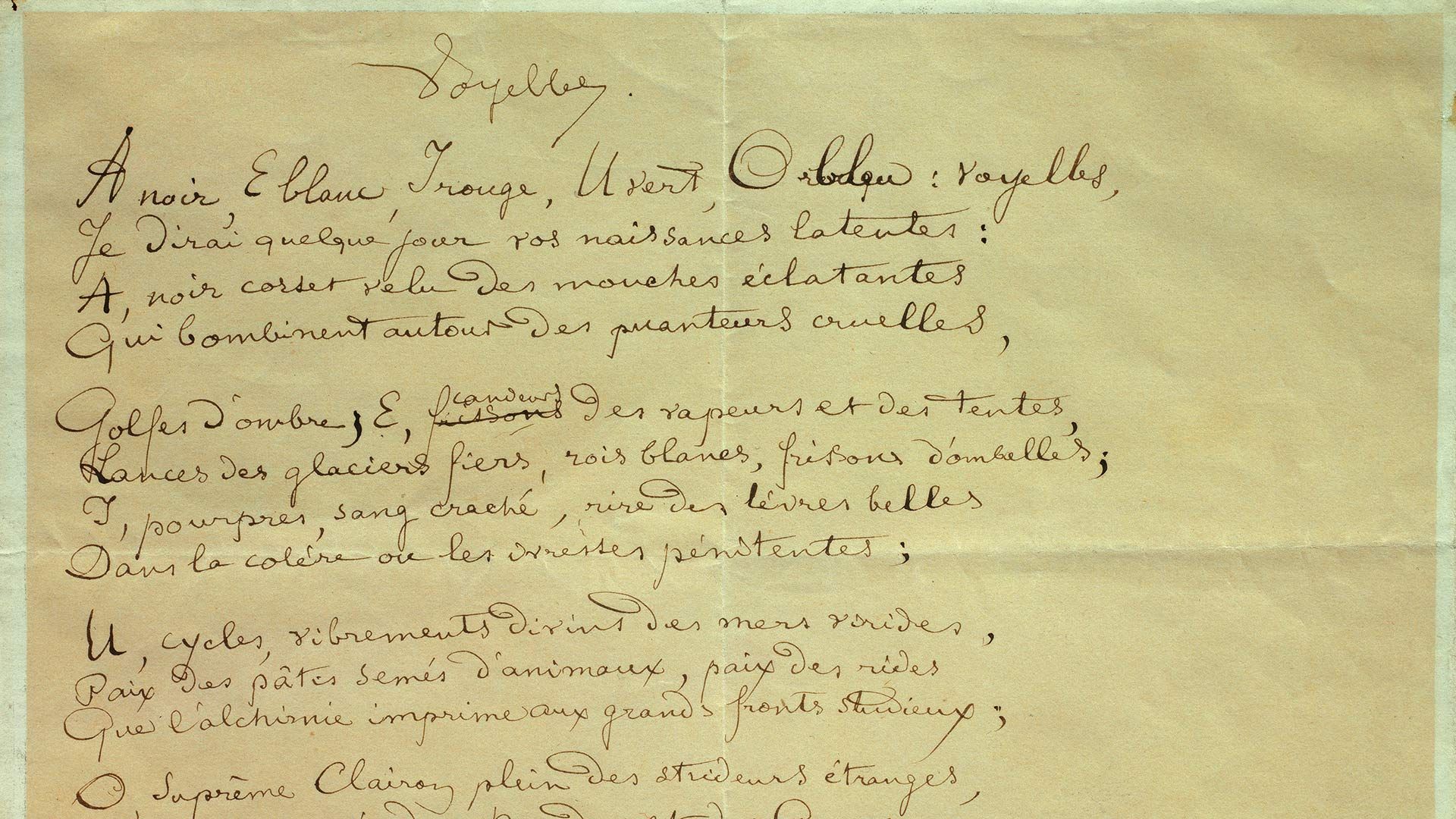 Manuscrit du poème « Les Voyelles » par Arthur Rimbaud (1854-1891),  Musée Arthur Rimbaud, Charleville-Mezieres