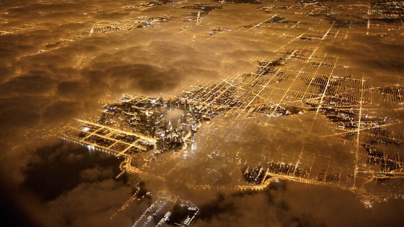 Aerial view at night, Chicago, Illinois, USA