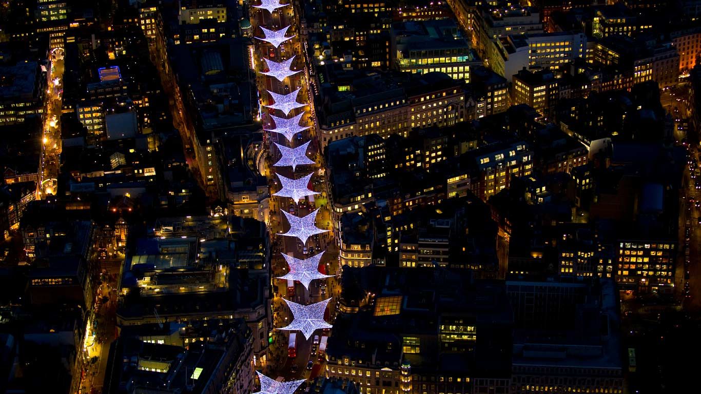 Aerial view of Christmas lights along Regent Street in London