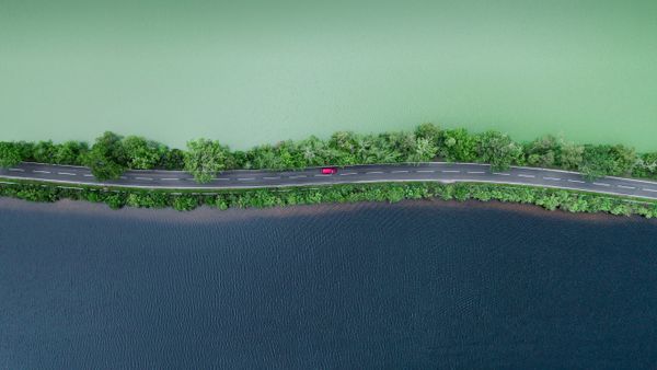 Aerial of the A82 crossing Loch Dochfour, Highlands