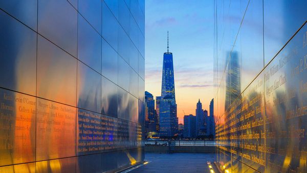 One World Trade Center and lower Manhattan, seen from the Empty Sky memorial in Jersey City, New Jersey