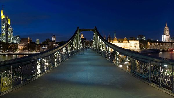 Panoramic view of Frankfurt's skyline and pedestrian bridge Eiserner Steg, Germany