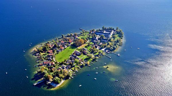 Aerial view of Frauenchiemsee island in Chiemsee, Germany