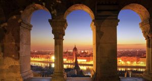 Parliament by night along the Fisherman's Bastion in Budapest, Hungary --  SIME/eStock Photo &copy; (Bing Australia)