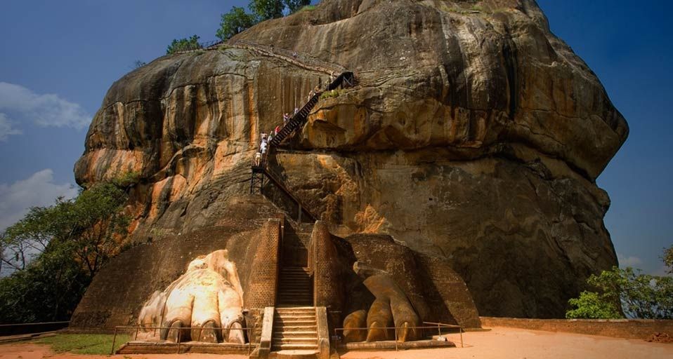 Remains of the colossal lion sculpture that flanked the stairway leading to the Sigiriya fortress in Sri Lanka