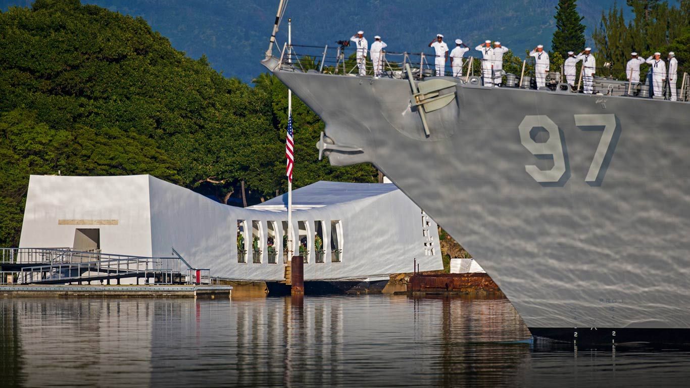 Enlisted personnel on the USS Halsey in 2016 commemorating the 75th anniversary of the attack on Pearl Harbor in Honolulu, Hawaii