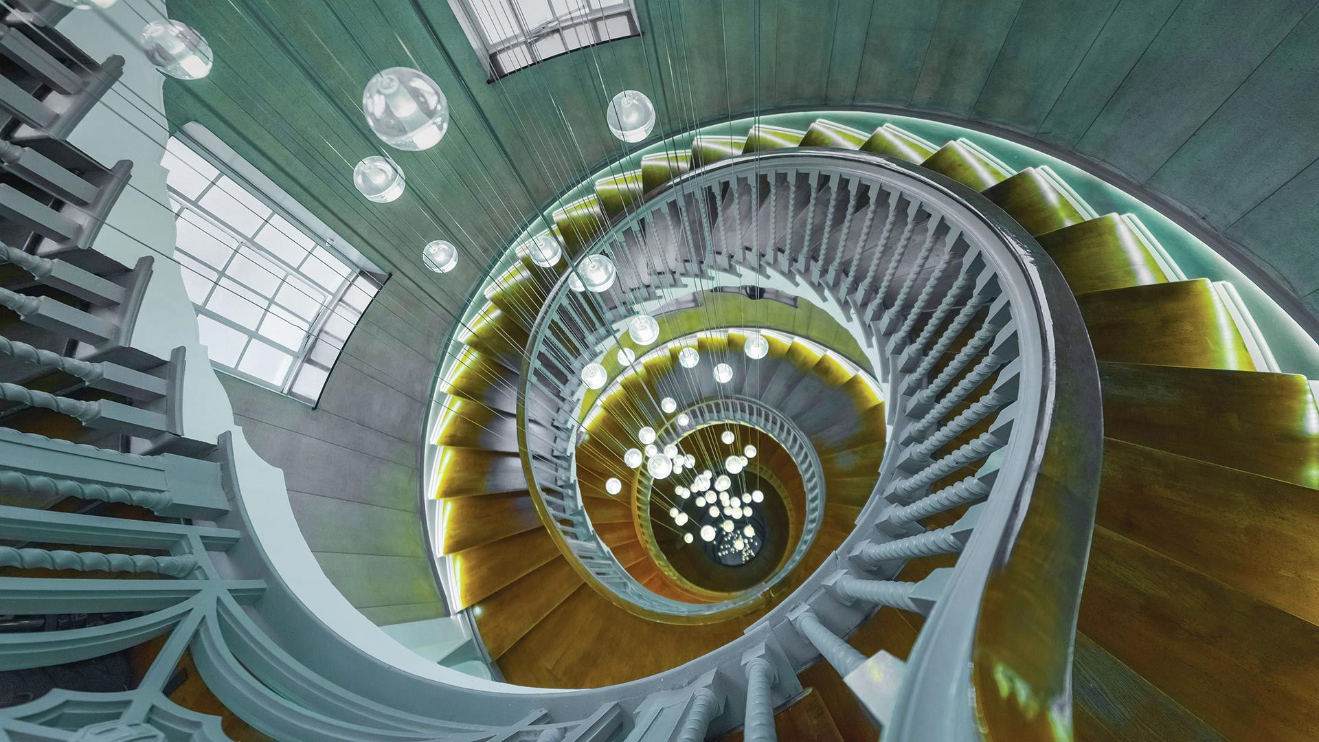 Cecil Brewer spiral staircase at Heal\'s furniture store, Tottenham Court Road, London